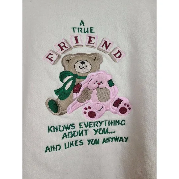 VTG 80s Womens A True Friend Teddy Bear Sweatshirt Medium Cream Pullover Grandma - Picture 3 of 9